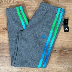 NWT! Adidas Kids Gray Joggers with Blue and Green Stripes, Size 18/20